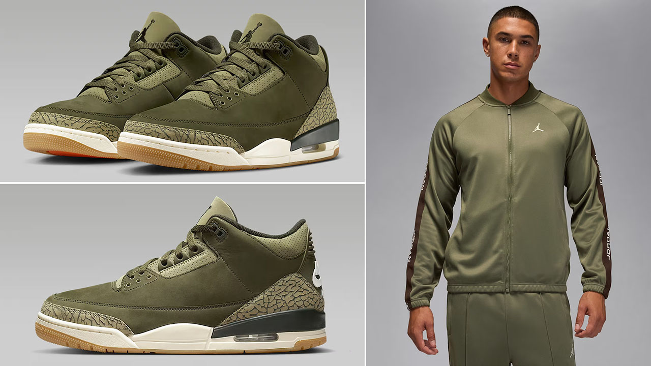 Air Jordan 3 Family Affair Medium Olive Shoes x Jordan Brooklyn Mens Track Suit Jacket Outfit