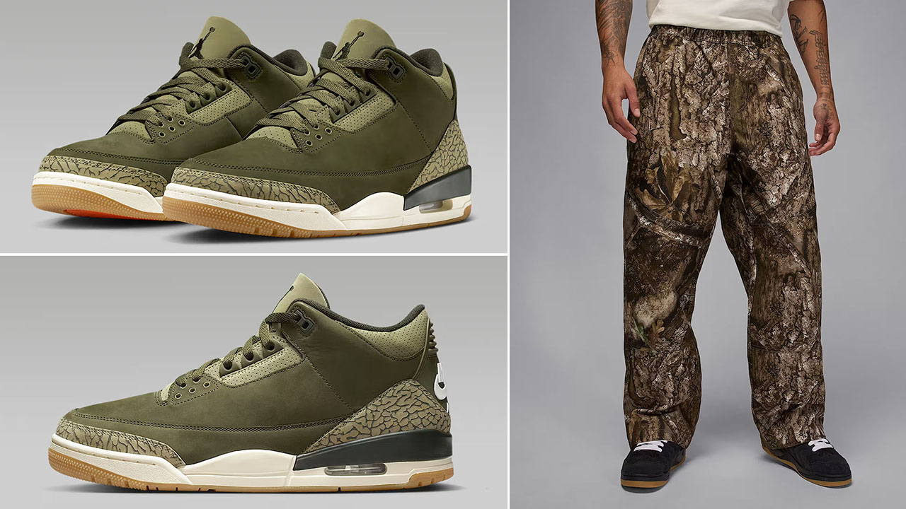 Air Jordan 3 Family Affair Medium Olive Shoes x Jordan Brooklyn Mens Woven Realtree Camo Pants Outfit