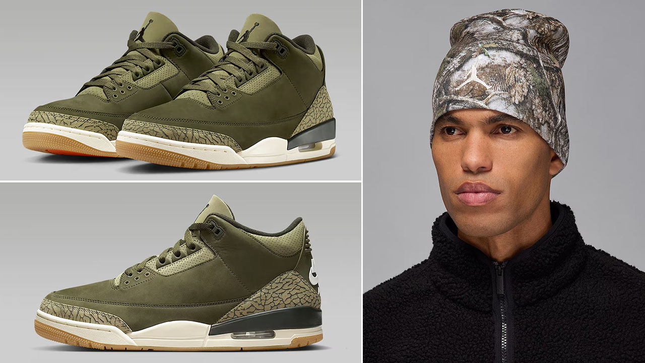 Air Jordan 3 Family Affair Medium Olive Shoes x Jordan Brooklyn Peak Realtree Camo Beanie