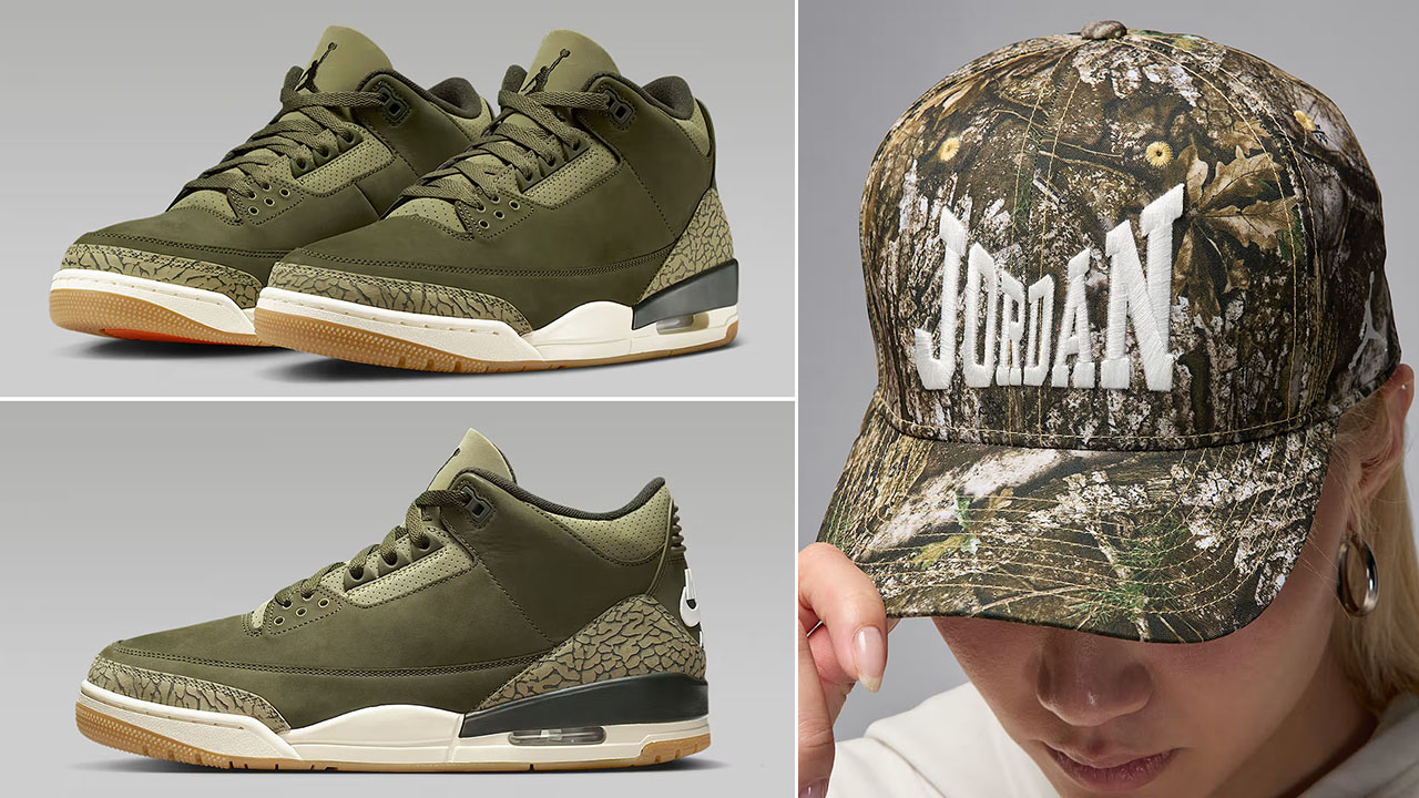 Air Jordan 3 Family Affair Medium Olive Shoes x Jordan Brooklyn Rise Realtree Camo Snapback Hat