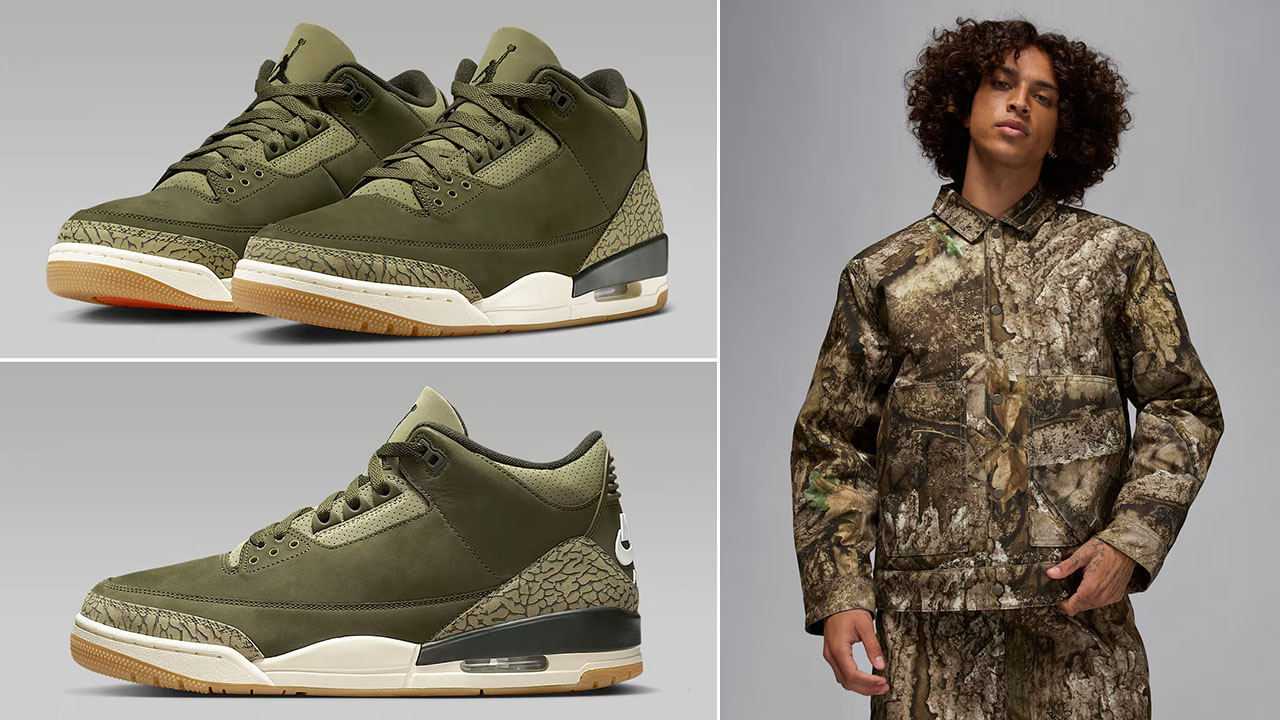 Air Jordan 3 Family Affair Medium Olive Shoes x Jordan Flight Chicago Mens Realtree Camo Jacket Outfit