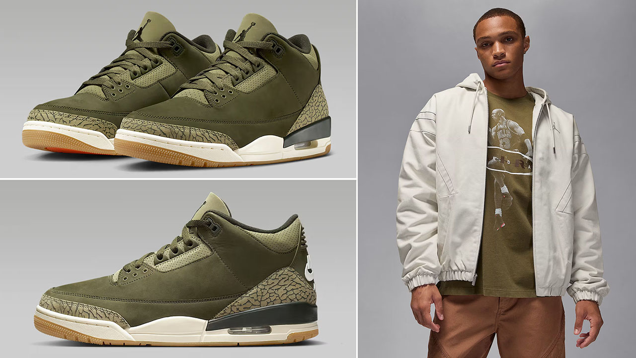 Air Jordan 3 Family Affair Medium Olive Shoes x Jordan Flight Mens Draft Jacket Outfit