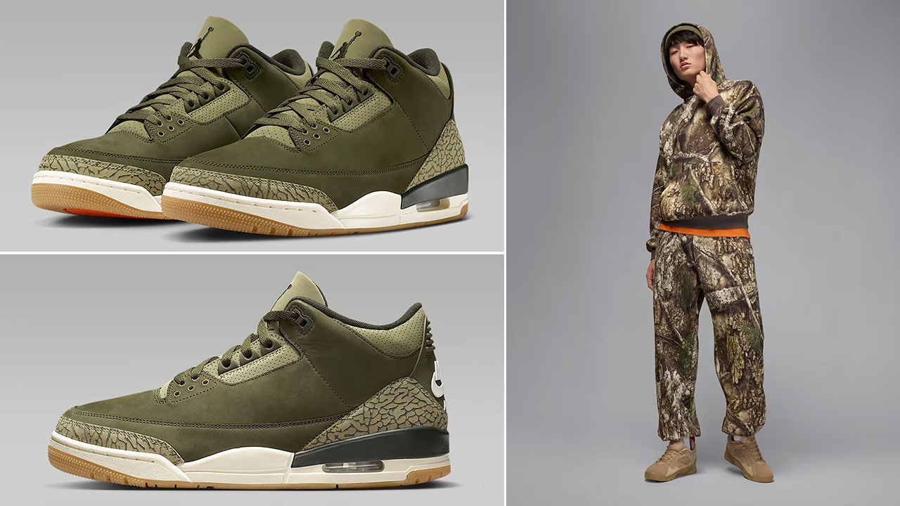 Air Jordan 3 Family Affair Medium Olive Shoes x Jordan Realtree Brooklyn Fleece Hoodie and Pants
