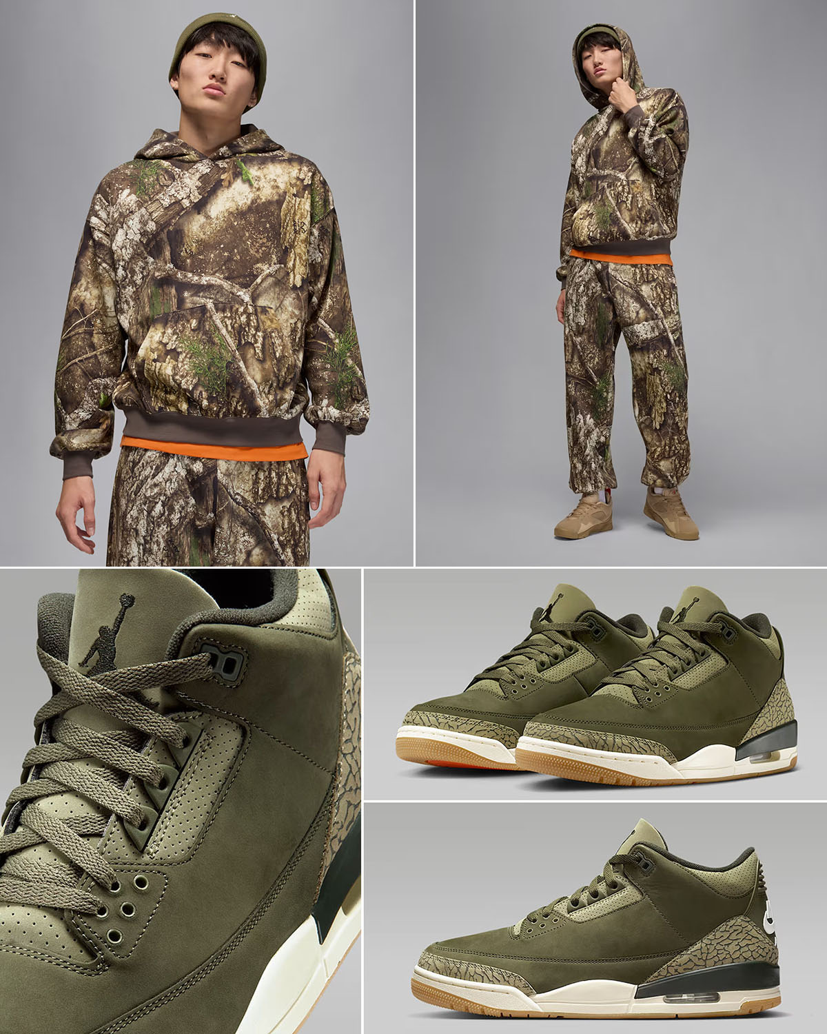 Air Jordan 3 Family Affair Medium Olive Shoes x Jordan Realtree Hoodie and Fleece Pants to Match Sneakers