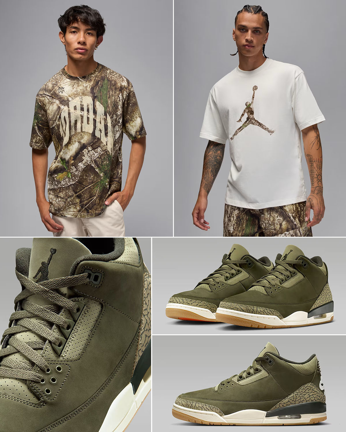 Air Jordan 3 Family Affair Medium Olive Shoes x Jordan Realtree T Shirts to Match Sneakers