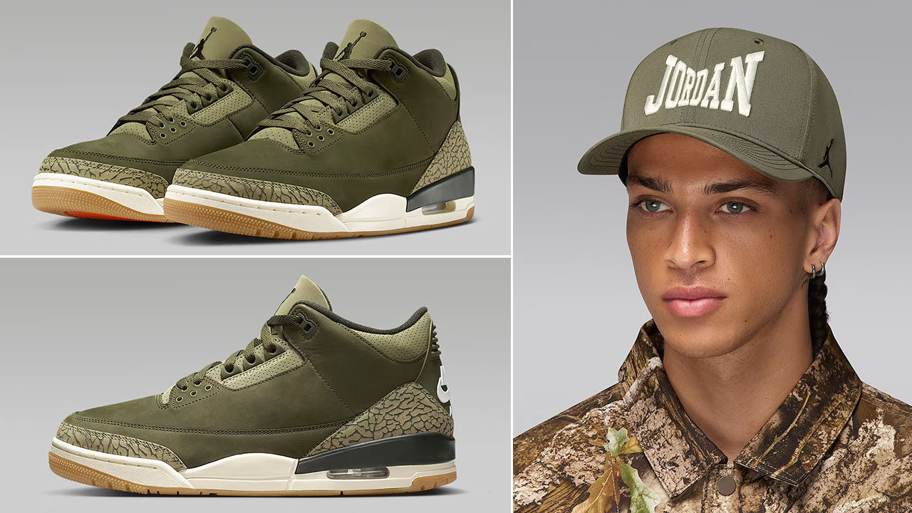 Air Jordan 3 Family Affair Medium Olive Shoes x Jordan Rise Snapback Hat