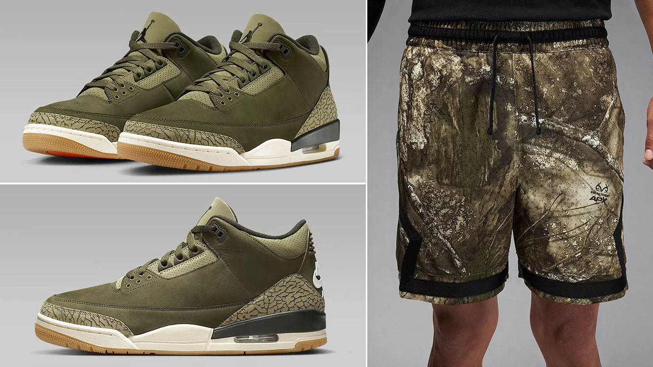Air Jordan 3 Family Affair Medium Olive Shoes x Jordan Sport Diamond Mens Realtree Camo Shorts Outfit