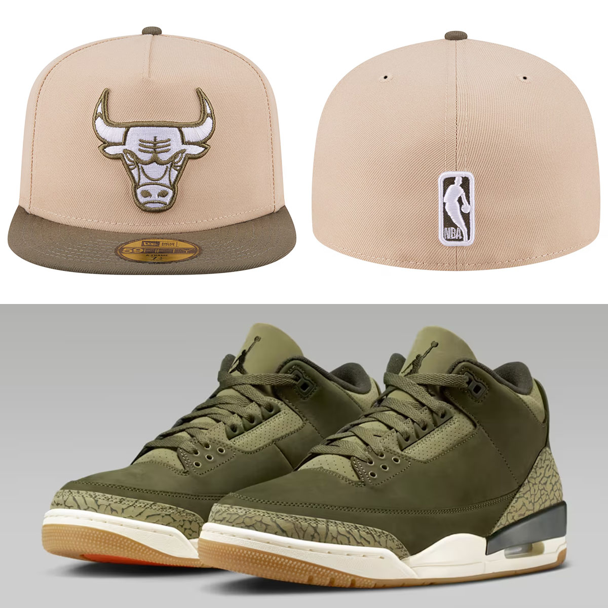 Air Jordan 3 Family Affair Medium Olive Shoes x New Era Chicago Bulls Two Tone 59FIFTY A Frame Hat Fitted Cap Tan Olive
