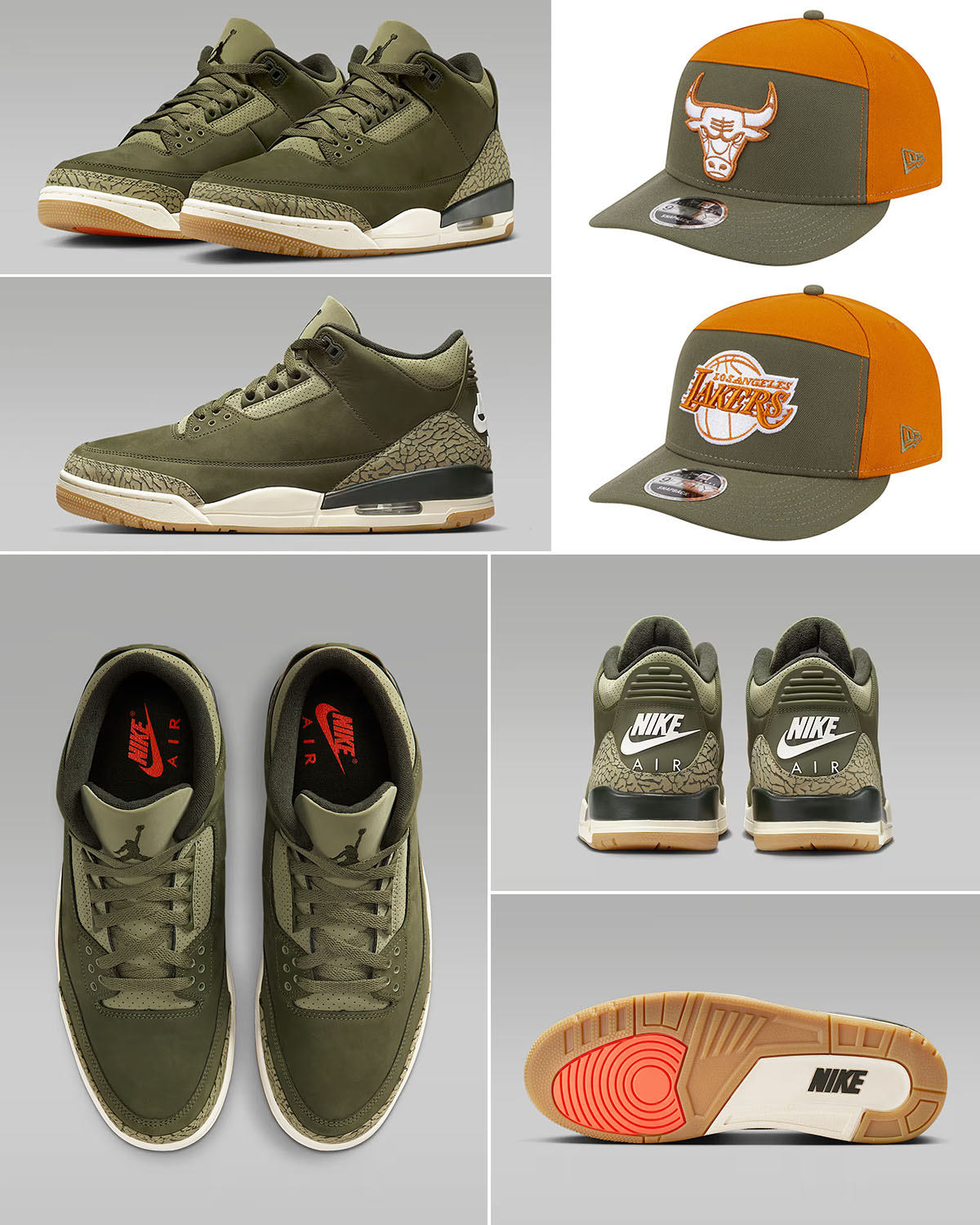 Air Jordan 3 Family Affair Medium Olive Shoes x New Era Split Panel Olive Orange Snapback Caps to Match Sneakers