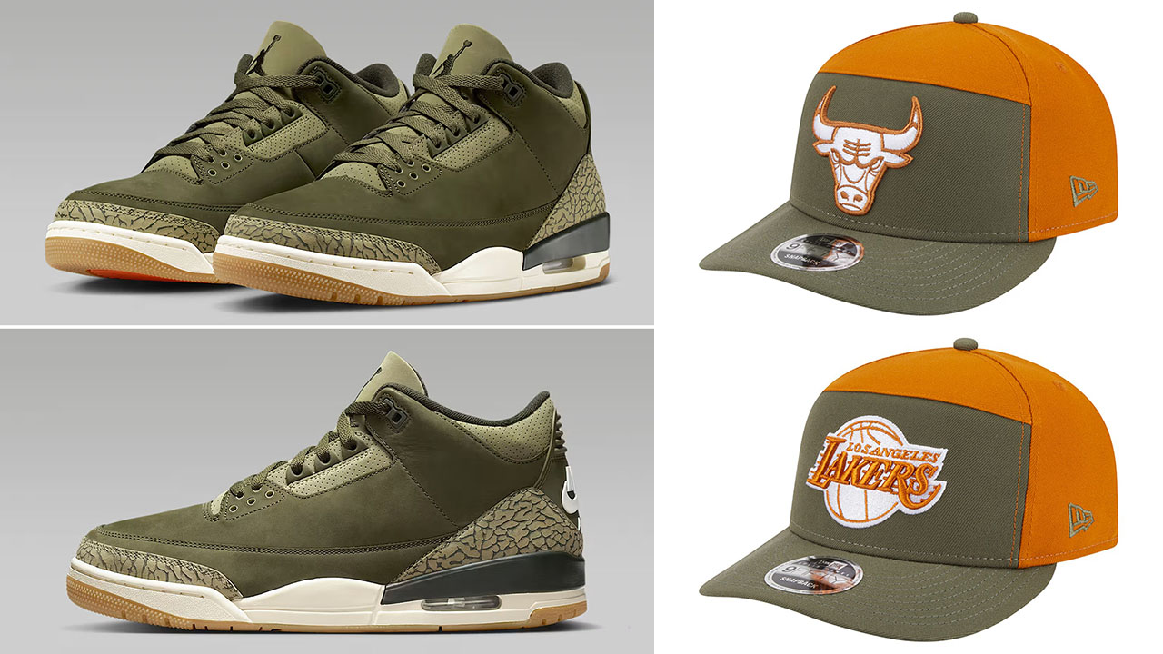 Air Jordan 3 Family Affair Medium Olive Shoes x New Era Split Panel Olive Orange Snapback Hats