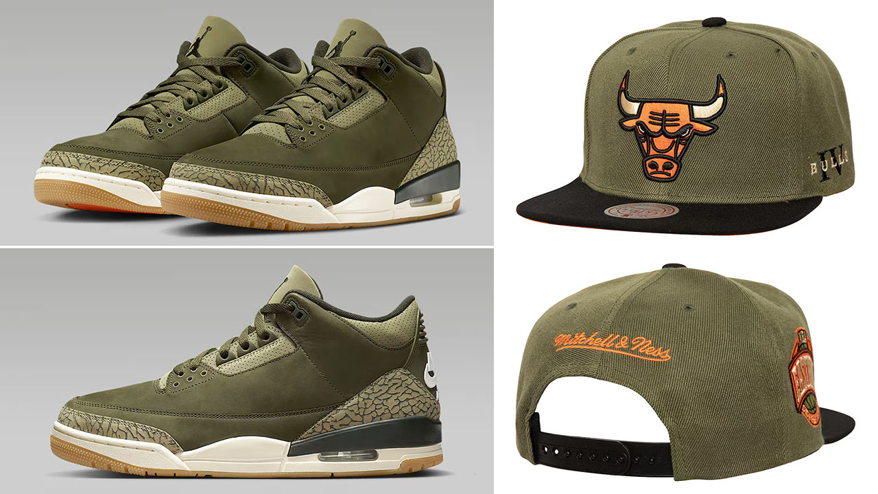 Air Jordan 3 Family Affair Medium Olive x Chicago Bulls Mitchell Ness Olive Snapback Hat