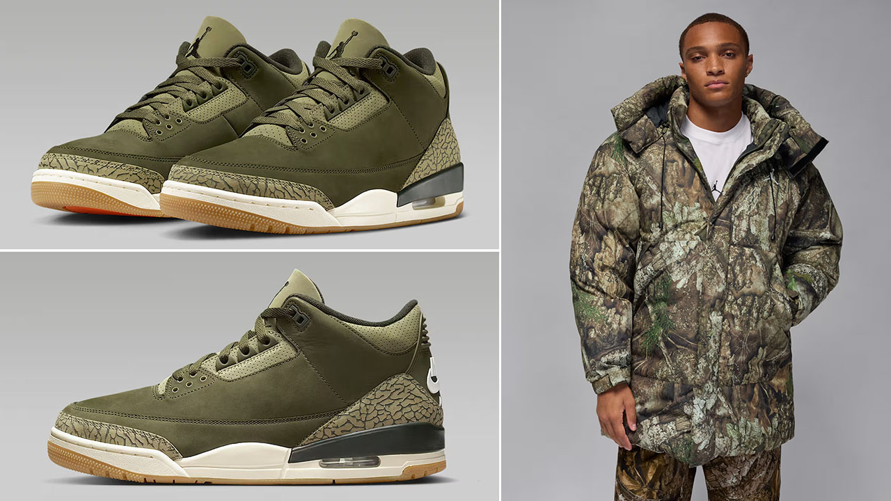 Air Jordan 3 Family Affair Medium Olive x Jordan Flight Therma Fit Down Parka Realtree Camo Jacket Outfit