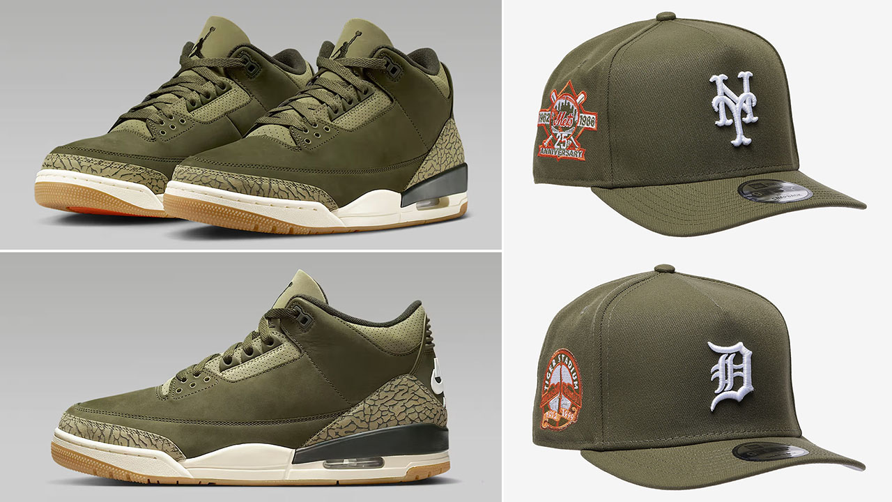 Air Jordan 3 Family Affair Medium Olive x New Era Olive A Frame Snapback Hats