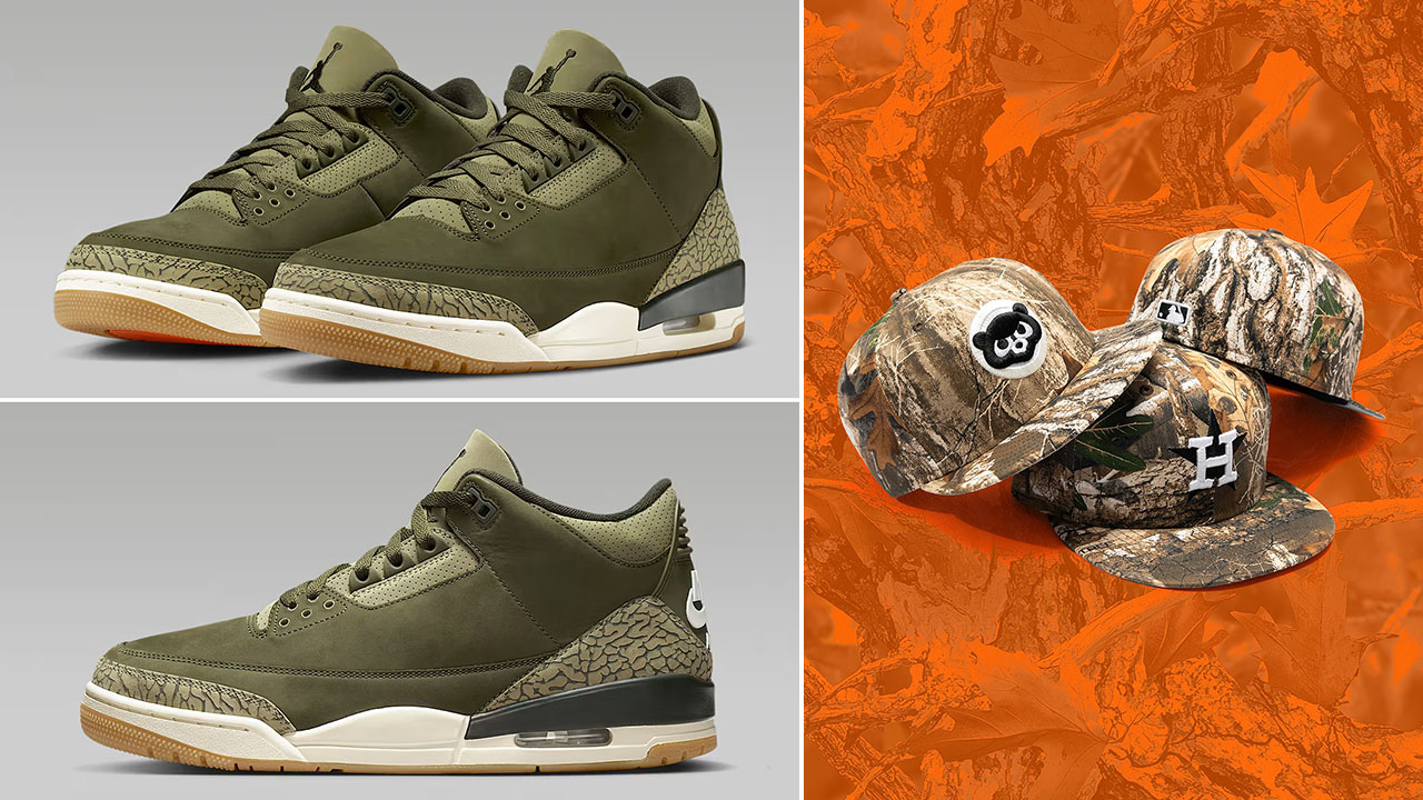 Air Jordan 3 Family Affair Medium Olive x New Era Realtree 59FIFTY Hats Fitted Caps to Match Sneakers