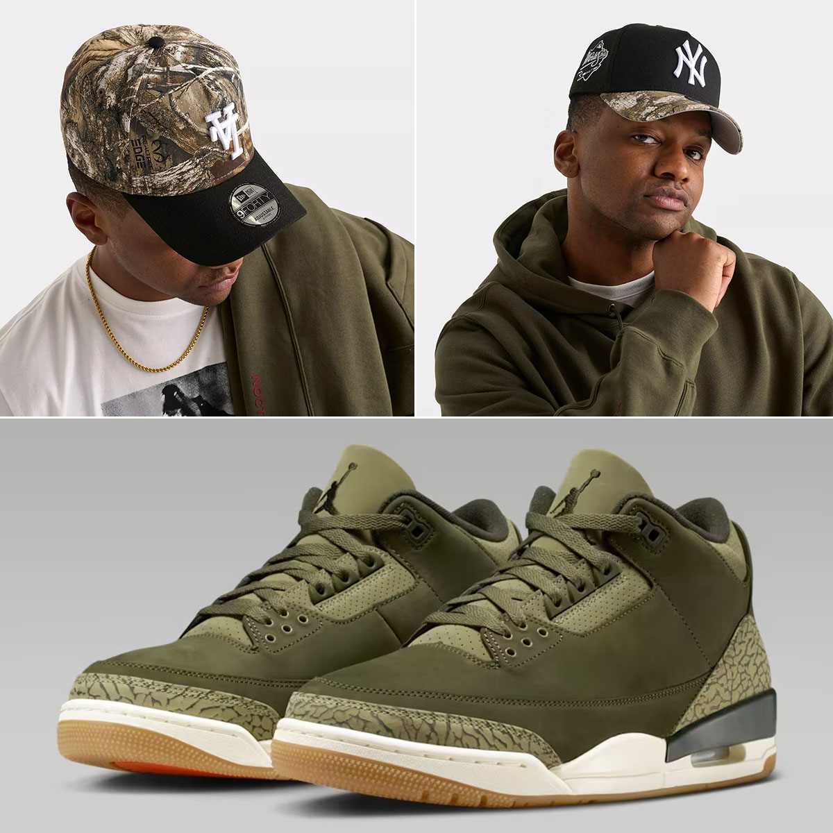Air Jordan 3 Family Affair Medium Olive x New Era Realtree Camo A Frame Hats Snapback Caps