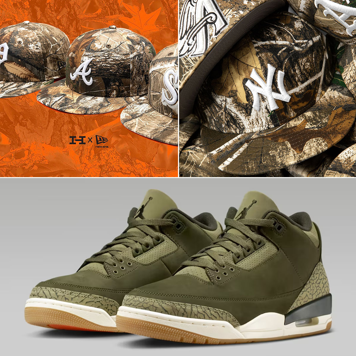 Air Jordan 3 Family Affair Medium Olive x New Era Realtree Camo MLB 59FIFTY Fitted Hats