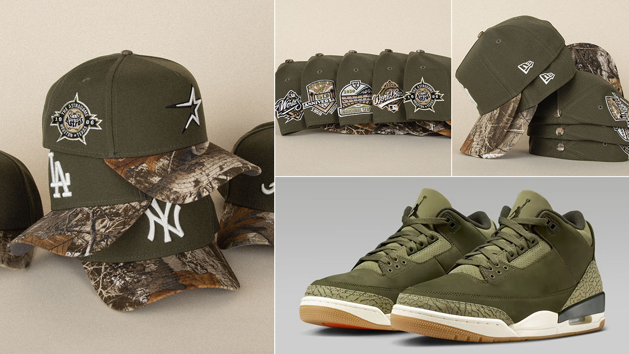 Air Jordan 3 Family Affair Medium Olive x New Era Realtree Camo Olive Hats A Frame Snapback Caps