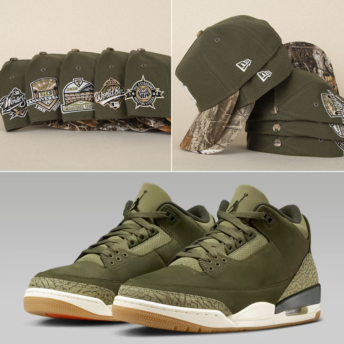 Air Jordan 3 Family Affair Medium Olive x New Era Realtree Camo Olive Hats