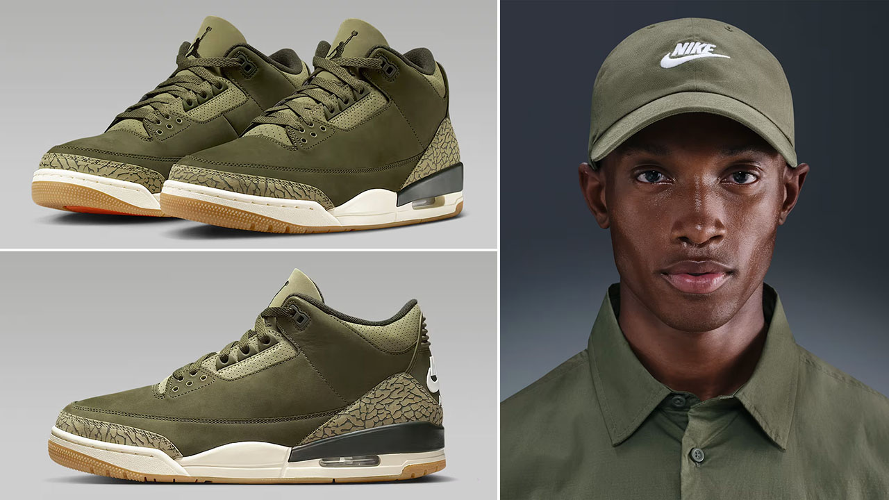 Air Jordan 3 Family Affair Medium Olive x Nike Club Futura Wash Cap