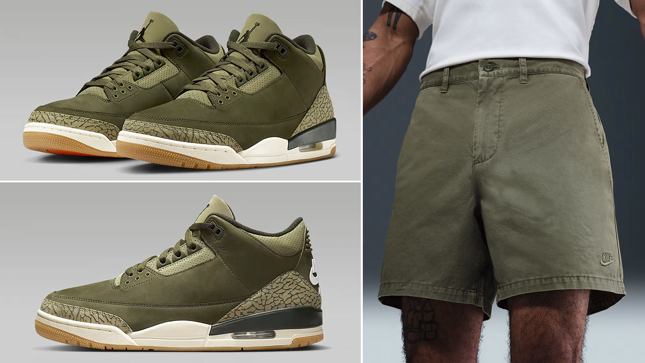 Air Jordan 3 Family Affair Medium Olive x Nike Club Mens Washed Chino Shorts Outfit