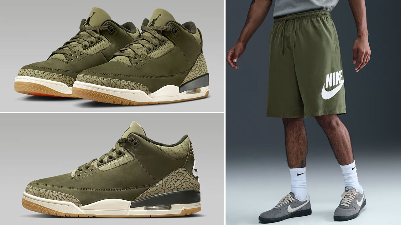 Air Jordan 3 Family Affair Medium Olive x Nike Club Mens Woven Shorts Outfit