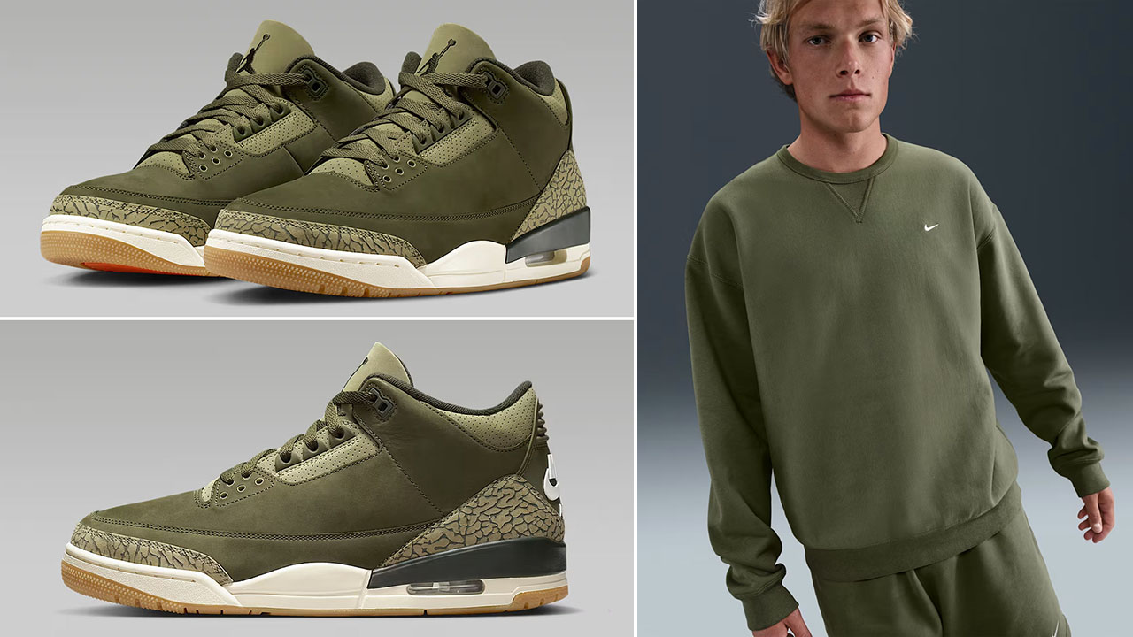 Air Jordan 3 Family Affair Medium Olive x Nike Solo Swoosh Mens Fleece Crew Sweatshirt Outfit