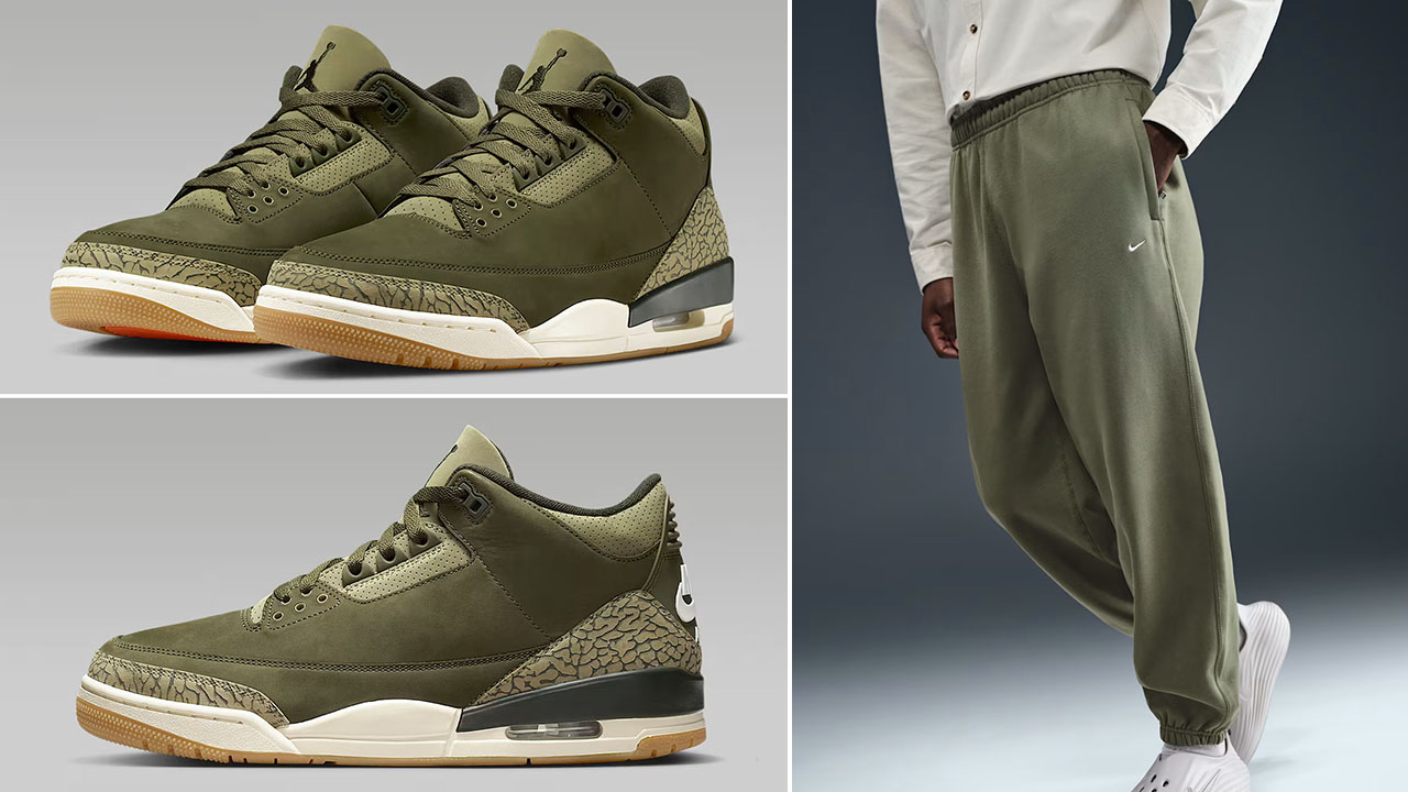 Air Jordan 3 Family Affair Medium Olive x Nike Solo Swoosh Mens Fleece Cuffed Pants Outfit