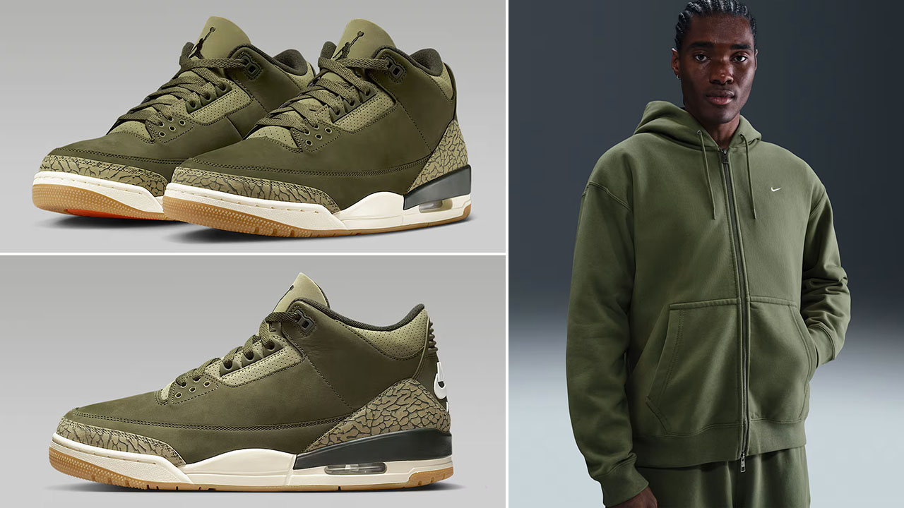 Air Jordan 3 Family Affair Medium Olive x Nike Solo Swoosh Mens Fleece Full Zip Hoodie Outfit