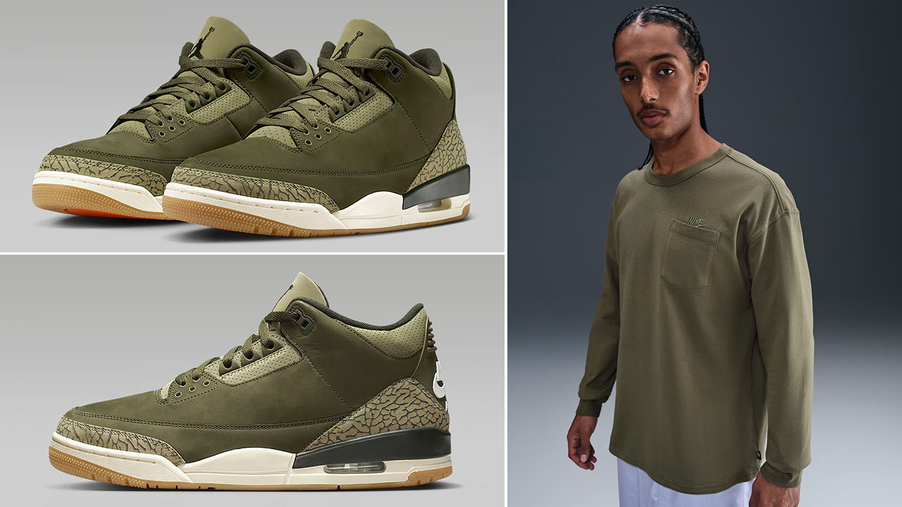 Air Jordan 3 Family Affair Medium Olive x Nike Sportswear Premium Essentials Mens Long Sleeve T Shirt Outfit
