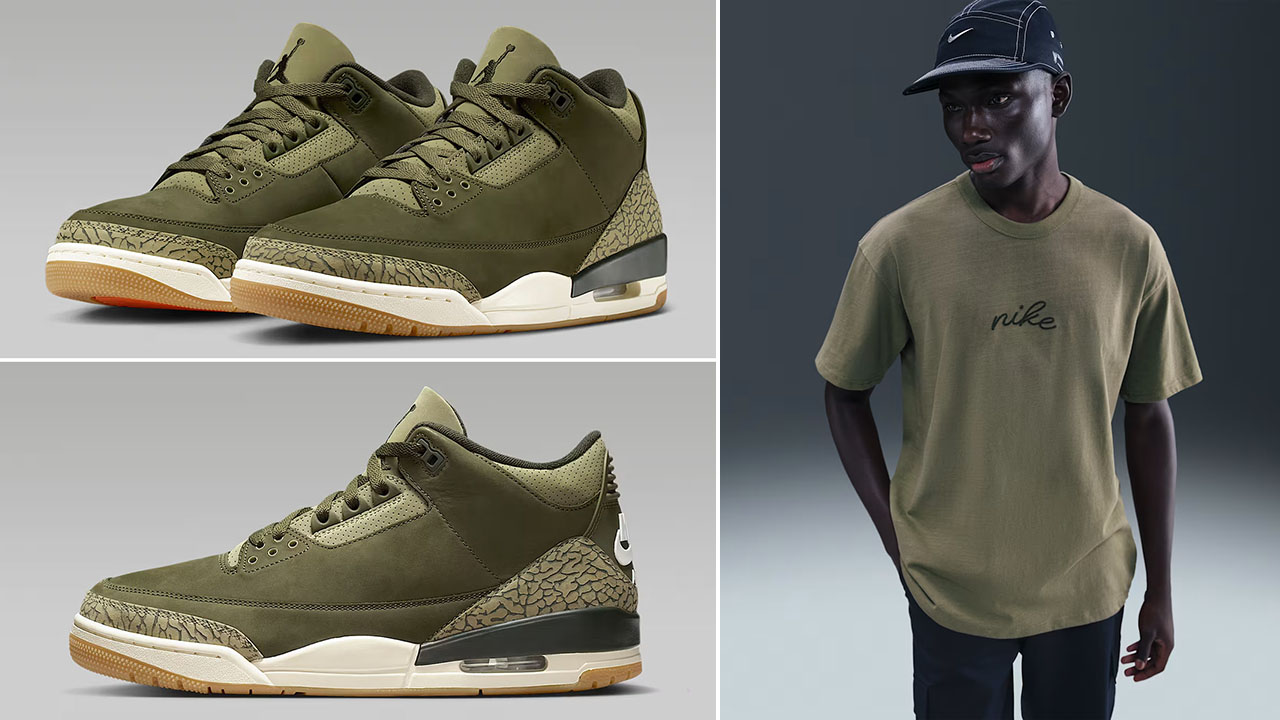 Air Jordan 3 Family Affair Medium Olive x Nike Sportswear Premium Essentials Mens T Shirt Outfit