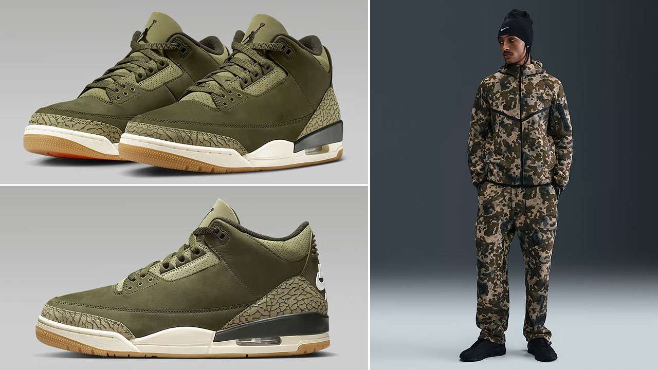 Air Jordan 3 Family Affair Medium Olive x Nike Tech Fleece Hoodie Jacket and Jogger Pants Outfit