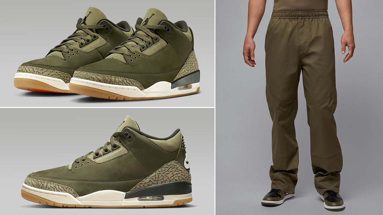 Air Jordan 3 Family Affair Shoes x Jordan Brooklyn Essentials Medium Olive Mens Woven Pants Outfit