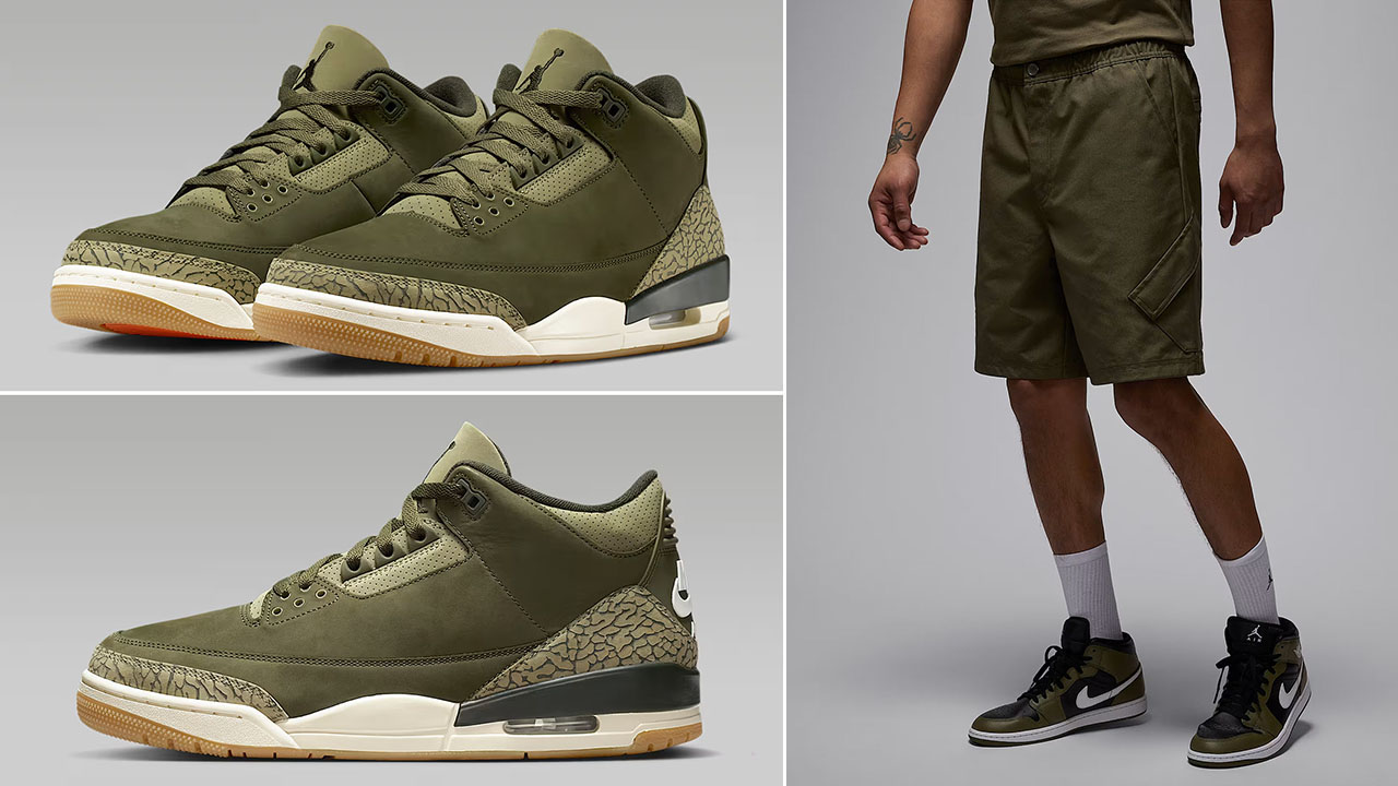 Air Jordan 3 Family Affair Shoes x Jordan Essentials Statement Chicago Medium Olive Mens Shorts Outfit