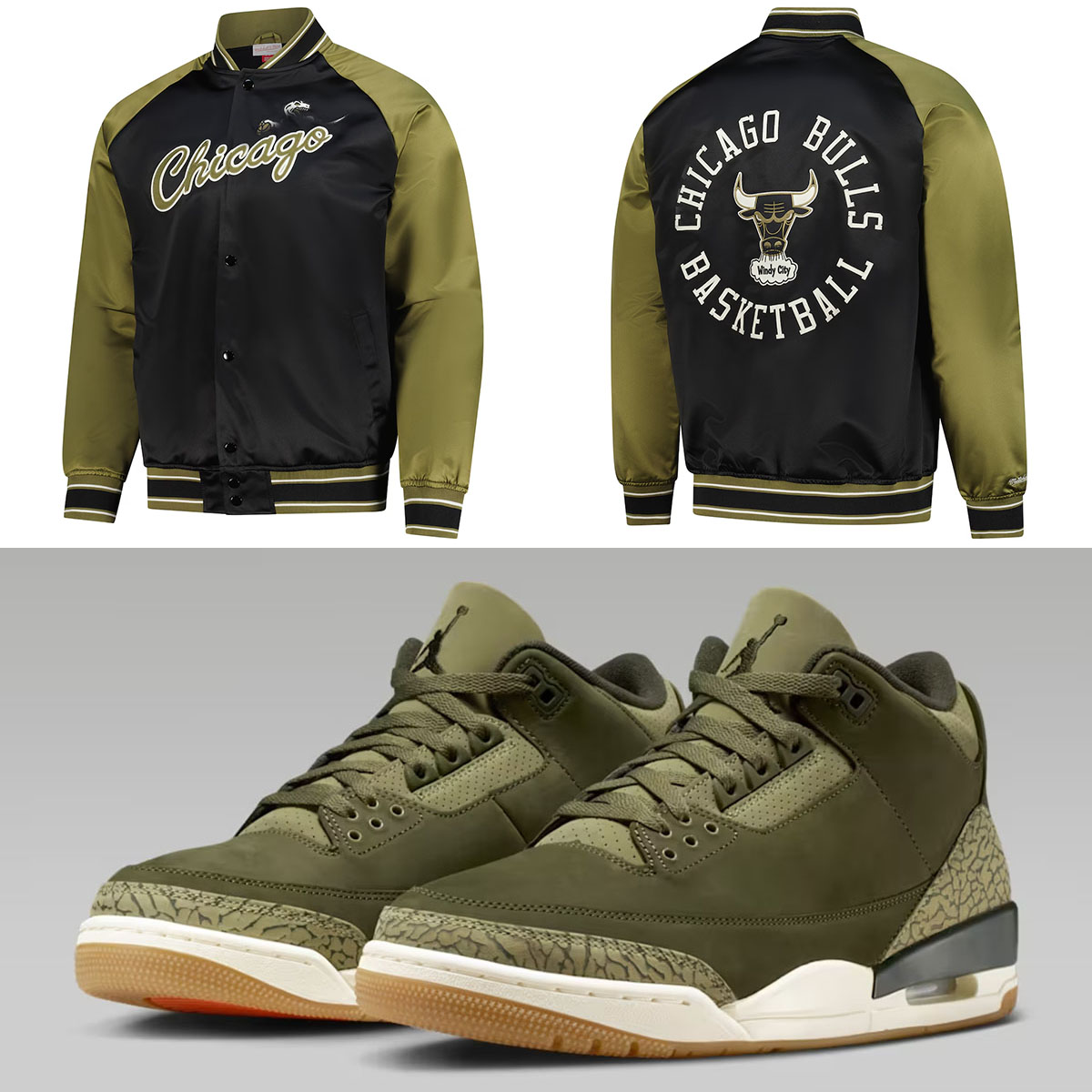 Air Jordan 3 Family Affair x Chicago Bulls Mitchell and Ness Satin Snap Olive Black Jacket Outfit