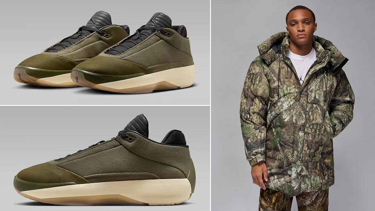 Air Jordan 4 Heritage Medium Olive x Jordan Flight Therma Fit Down Parka Realtree Camo Jacket Outfit