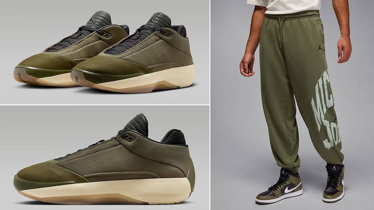 Air Jordan 40 Medium Olive Heritage Shoes x Jordan Brooklyn Mens Collegiate Pants Outfit