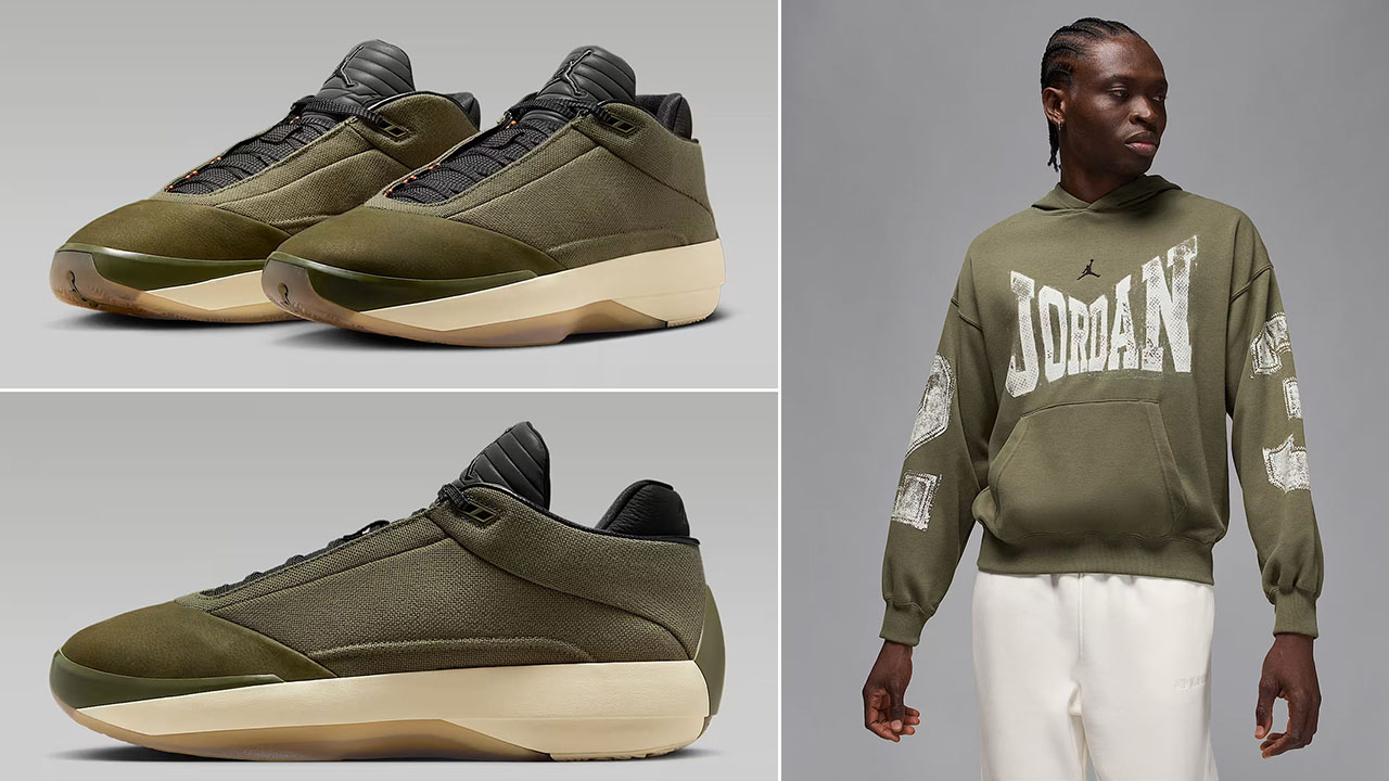 Air Jordan 40 Medium Olive Heritage Shoes x Jordan Brooklyn Mens Collegiate Pullover Hoodie Outfit