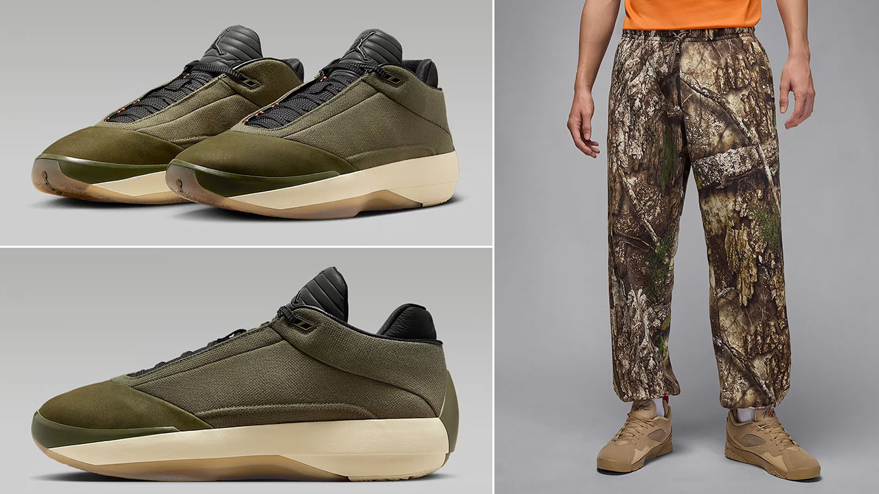 Air Jordan 40 Medium Olive Heritage Shoes x Jordan Brooklyn Mens Fleece Realtree Camo Pants Outfit