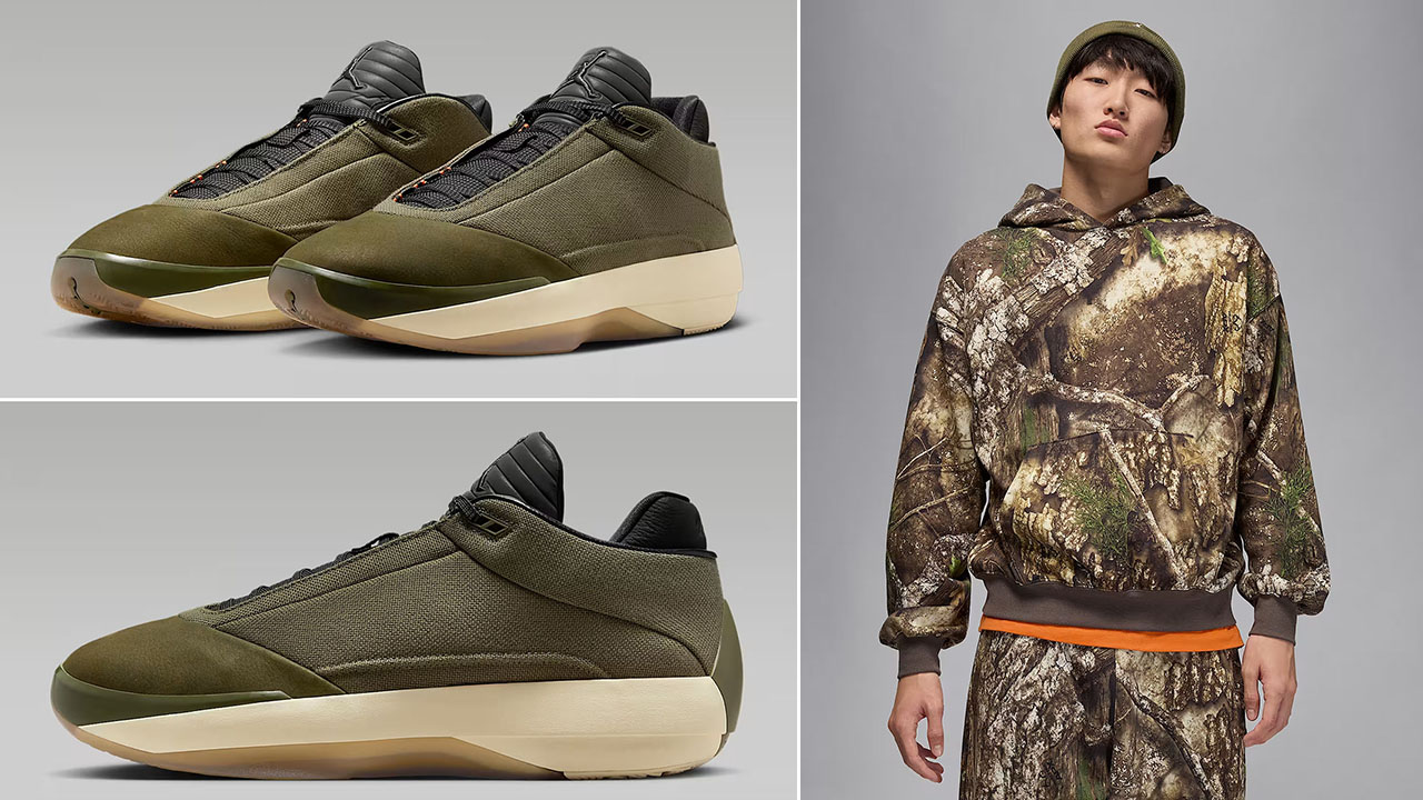 Air Jordan 40 Medium Olive Heritage Shoes x Jordan Brooklyn Mens Fleece Realtree Camo Pullover Hoodie Outfit