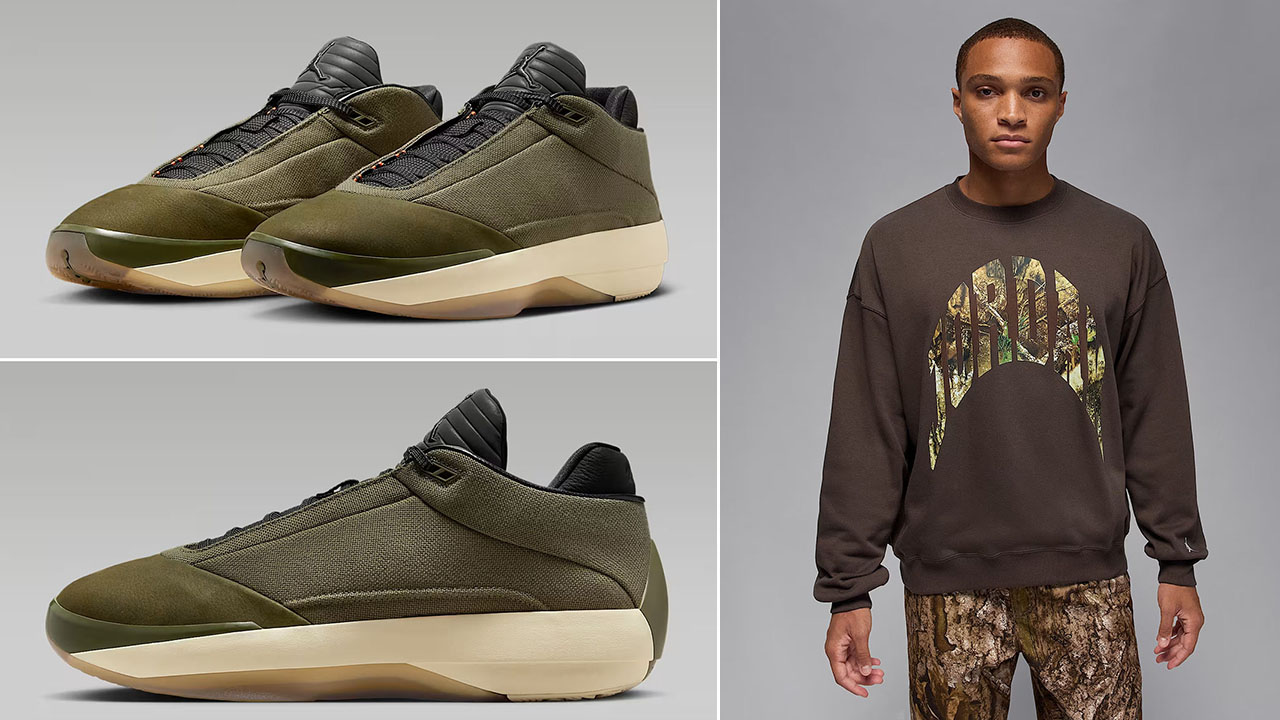 Air Jordan 40 Medium Olive Heritage Shoes x Jordan Brooklyn Mens Realtree Camo Crew Neck Sweatshirt Outfit