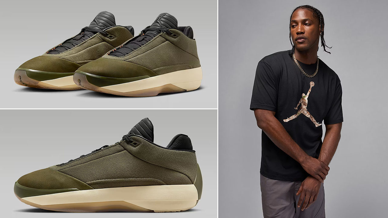Air Jordan 40 Medium Olive Heritage Shoes x Jordan Brooklyn Mens Realtree Camo Jumpman Black T Shirt Outfit