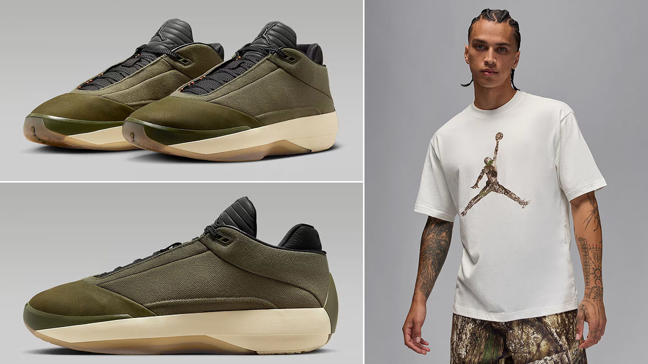 Air Jordan 40 Medium Olive Heritage Shoes x Jordan Brooklyn Mens Realtree Camo Jumpman Sail T Shirt Outfit