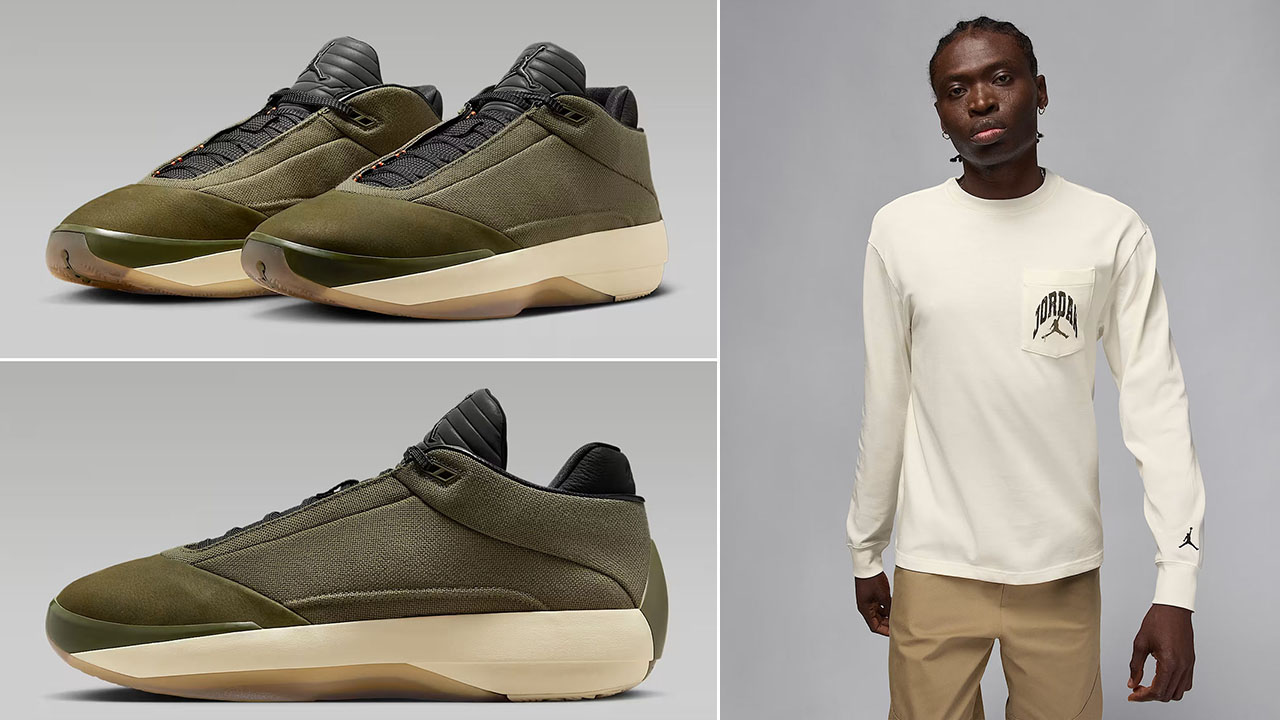 Air Jordan 40 Medium Olive Heritage Shoes x Jordan Brooklyn Mens Realtree Camo Long Sleeve Pocket T Shirt Outfit