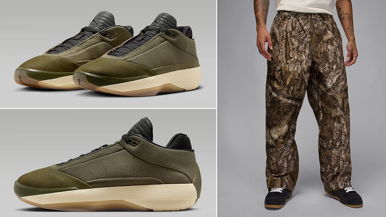 Air Jordan 40 Medium Olive Heritage Shoes x Jordan Brooklyn Mens Woven Realtree Camo Pants Outfit
