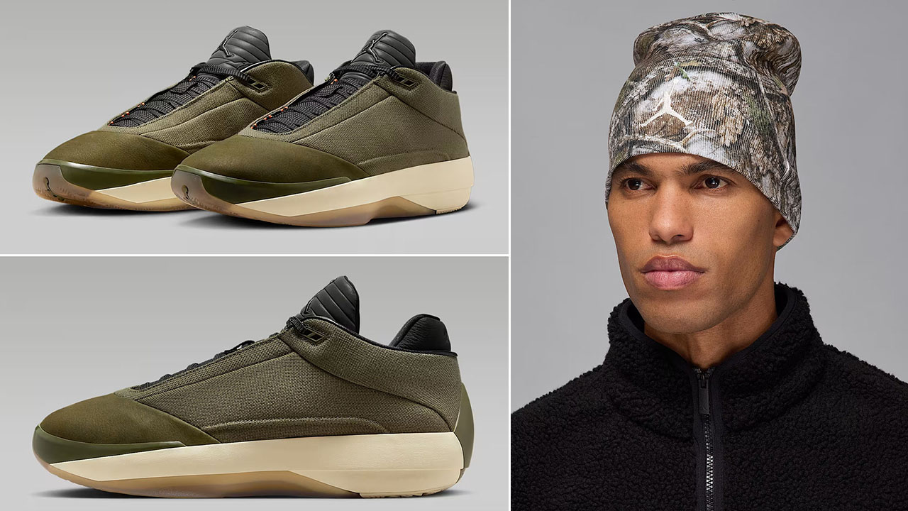 Air Jordan 40 Medium Olive Heritage Shoes x Jordan Brooklyn Peak Realtree Camo Beanie