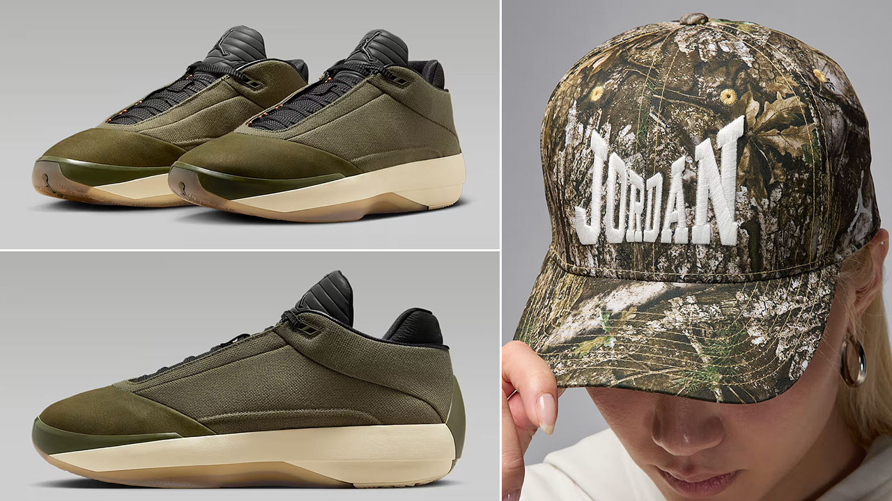 Air Jordan 40 Medium Olive Heritage Shoes x Jordan Brooklyn Rise Realtree Camo Snapback Hat