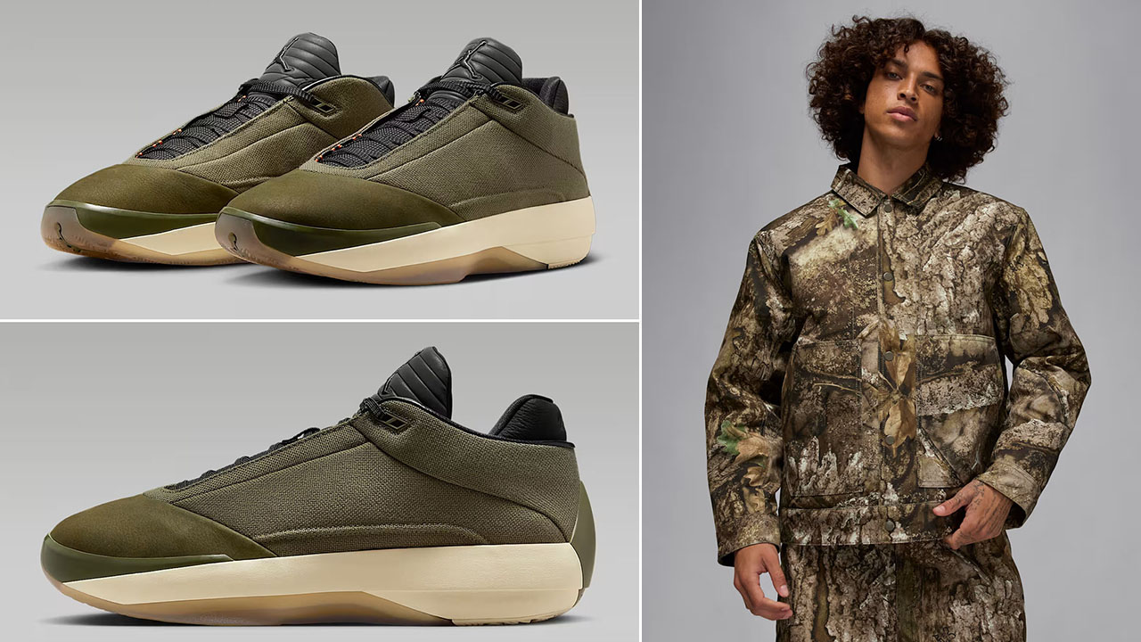 Air Jordan 40 Medium Olive Heritage Shoes x Jordan Flight Chicago Mens Realtree Camo Jacket Outfit