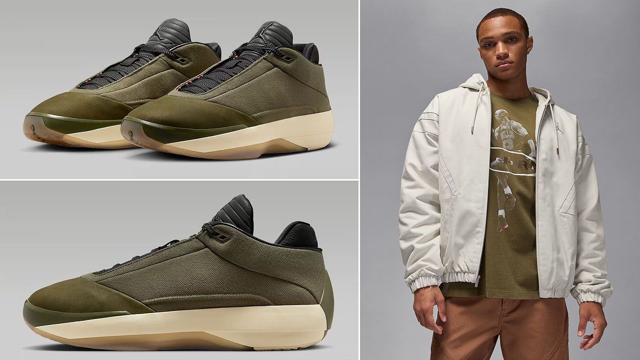 Air Jordan 40 Medium Olive Heritage Shoes x Jordan Flight Mens Draft Jacket Outfit