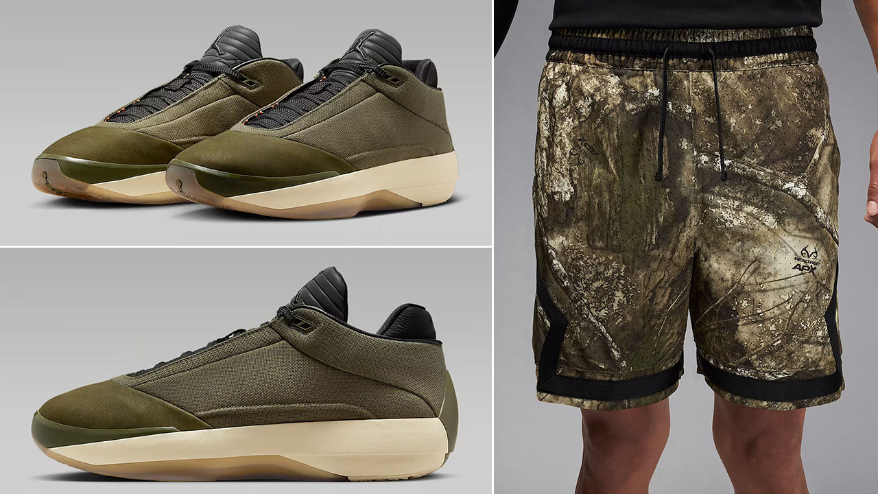 Air Jordan 40 Medium Olive Heritage Shoes x Jordan Sport Diamond Mens Realtree Camo Shorts Outfit