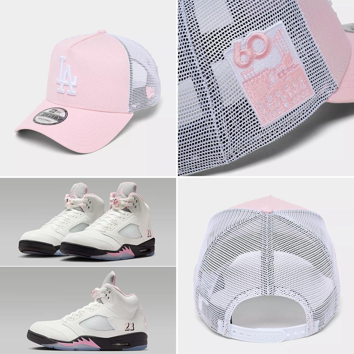 Air Jordan 5 Medium Soft Pink 35th Anniversary x New Era Los Angeles Dodgers MLB Trucker 9FORTY Snapback Hat